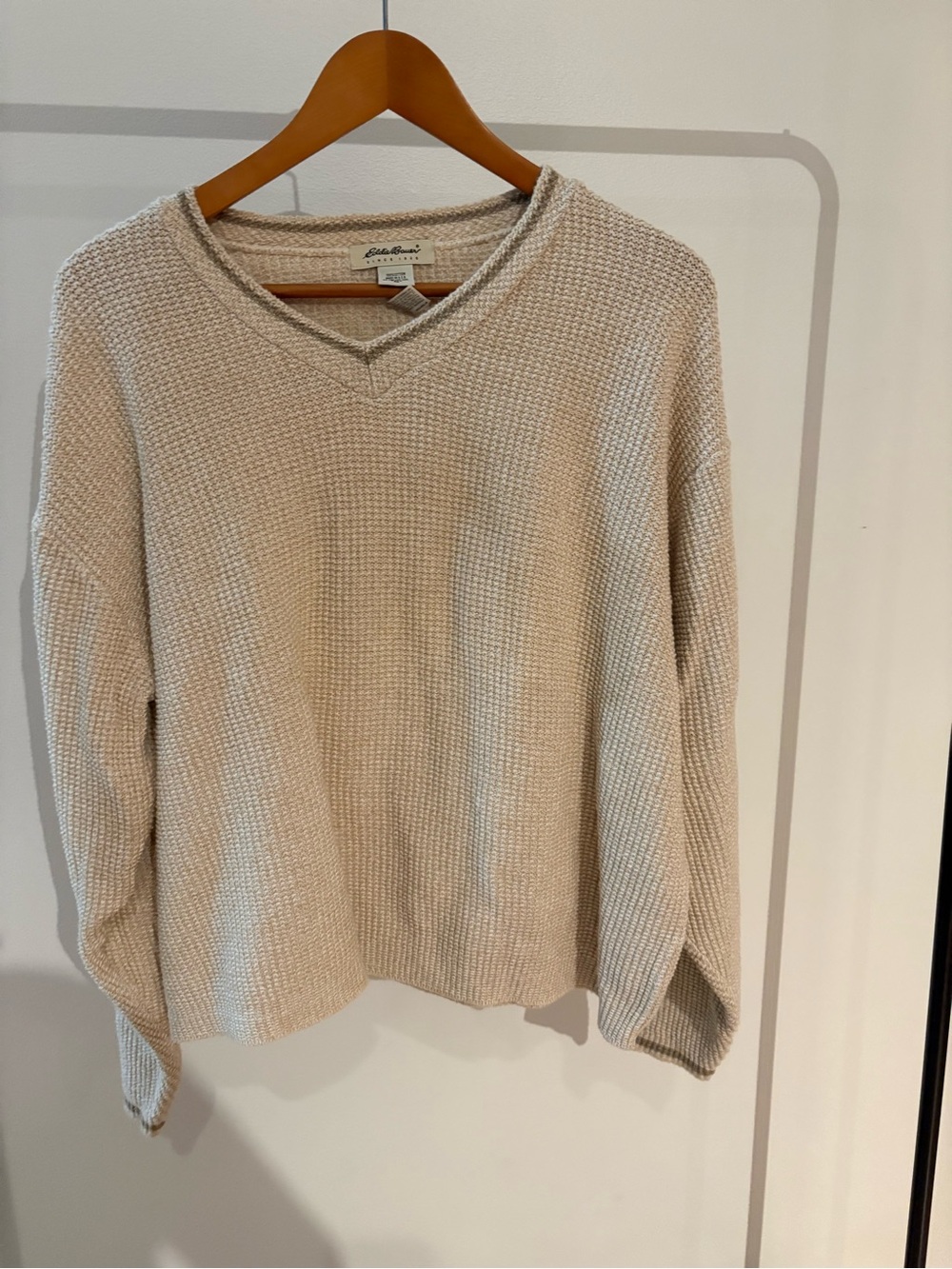 Eddie Bauer Beige V-Neck Waffle Knit Sweater